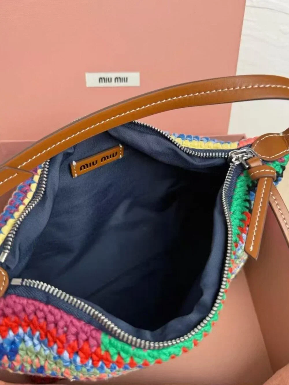 Miu Miu Rainbow Striped Hand Crochet Leather Strap Zip Hobo Shoulder Bag